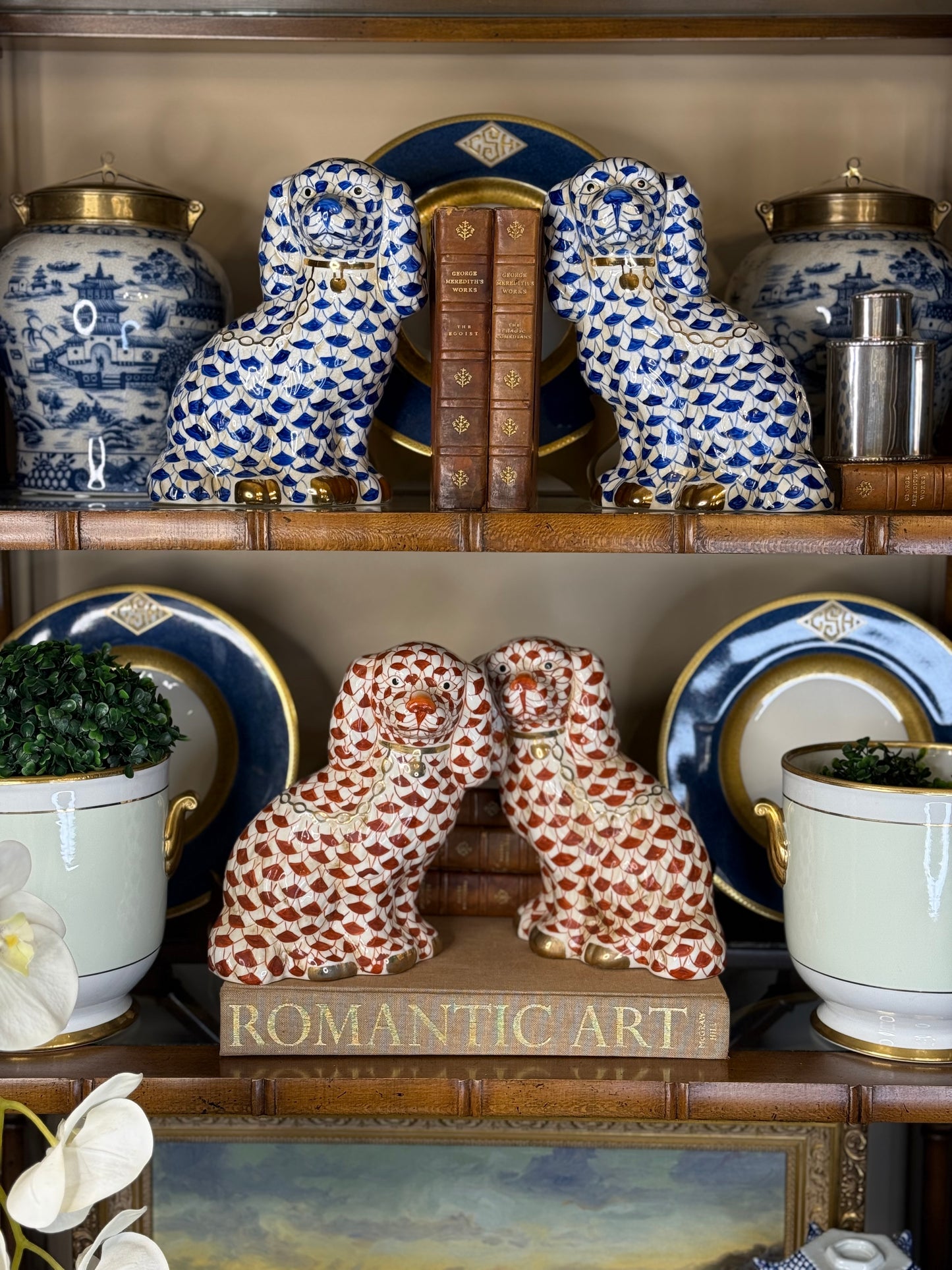 Danny’s Fine Porcelain: Large 16Lx3.5Wx9H Rust & White Spaniel Dog Figure Pair W/ Gold Accent