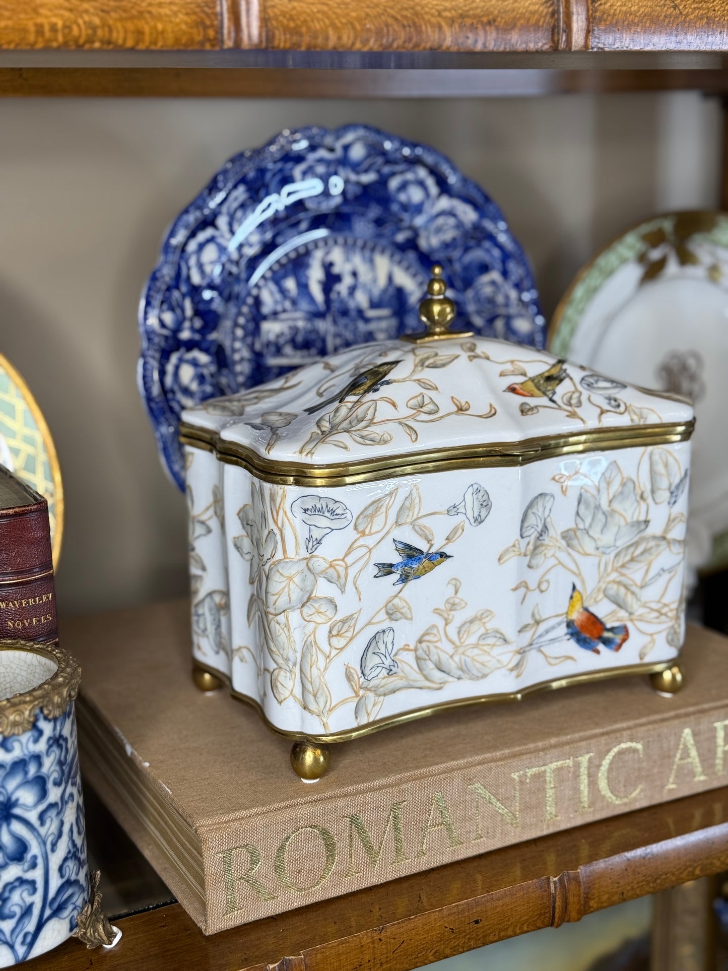 Danny’s Fine Porcelain | 9” Hinged Porcelain Box with Bronze Accents – Hand-Painted Birds & Vines