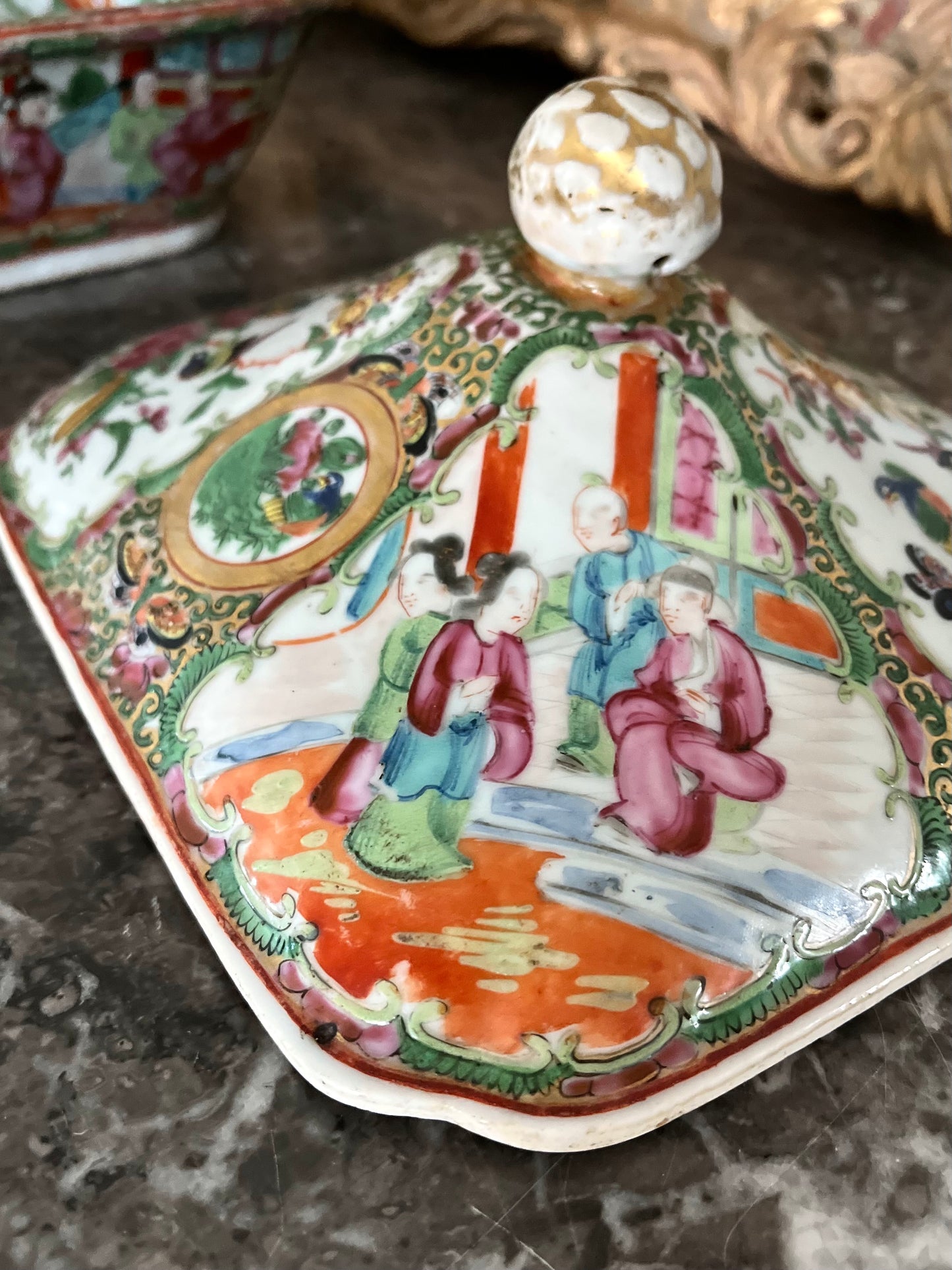 Rare Celadon/Floral-Interior Rose Medallion Covered Dish (19th C. Chinese Export)