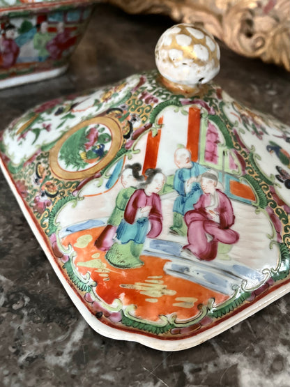 Rare Celadon/Floral-Interior Rose Medallion Covered Dish (19th C. Chinese Export)