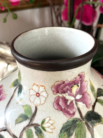 Gorgeous Large Antique Chinese Famille Rose Enamel Vase with Birds & Blossoms, Rolled Brown Rim