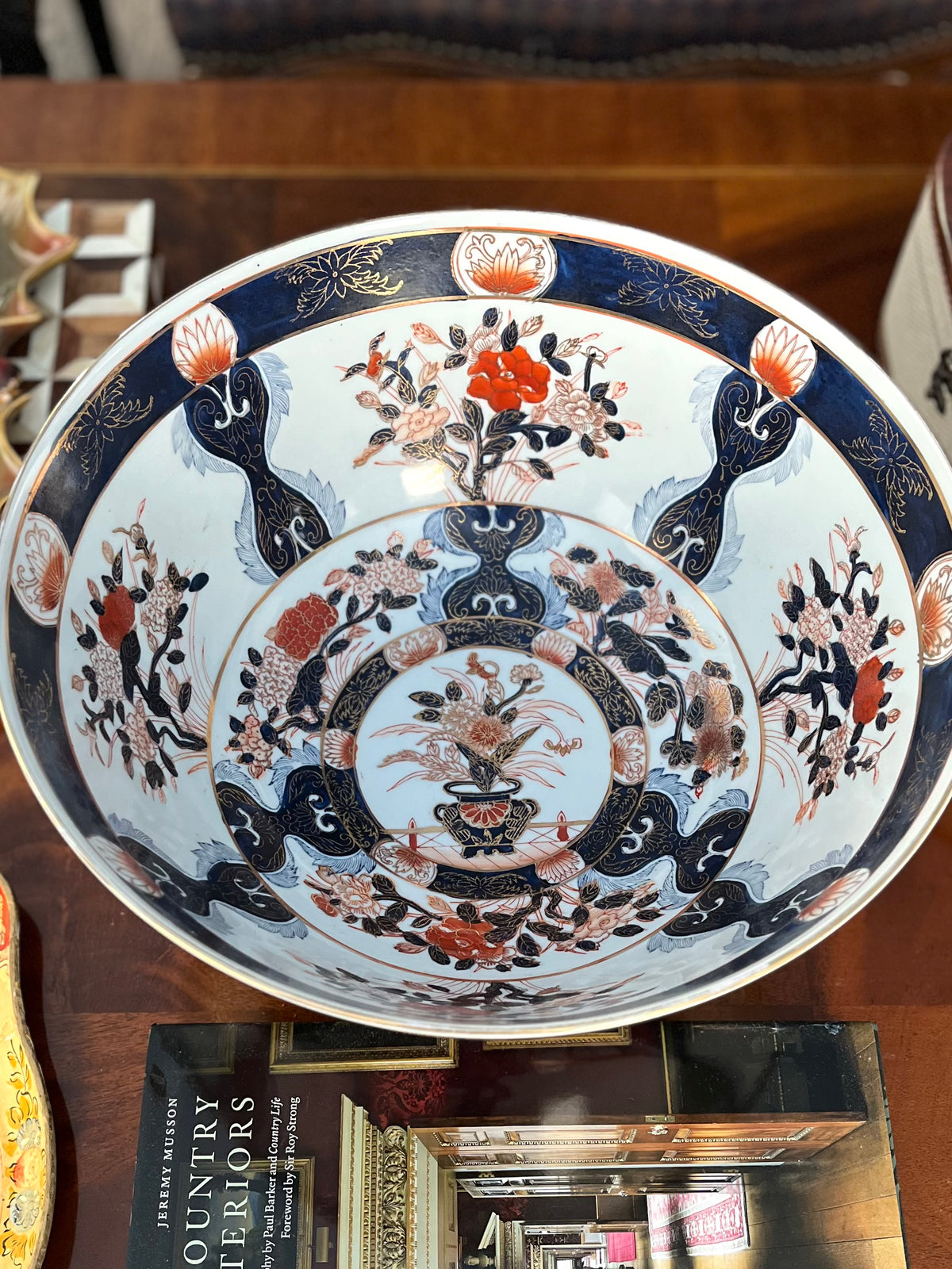 Large Imari Hand Painted Punch Bowl With Ornate Wood Stand