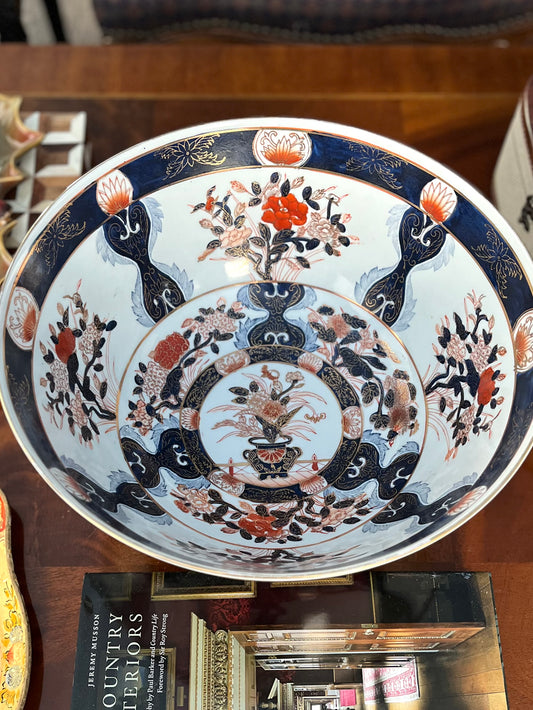 Large Imari Hand Painted Punch Bowl With Ornate Wood Stand