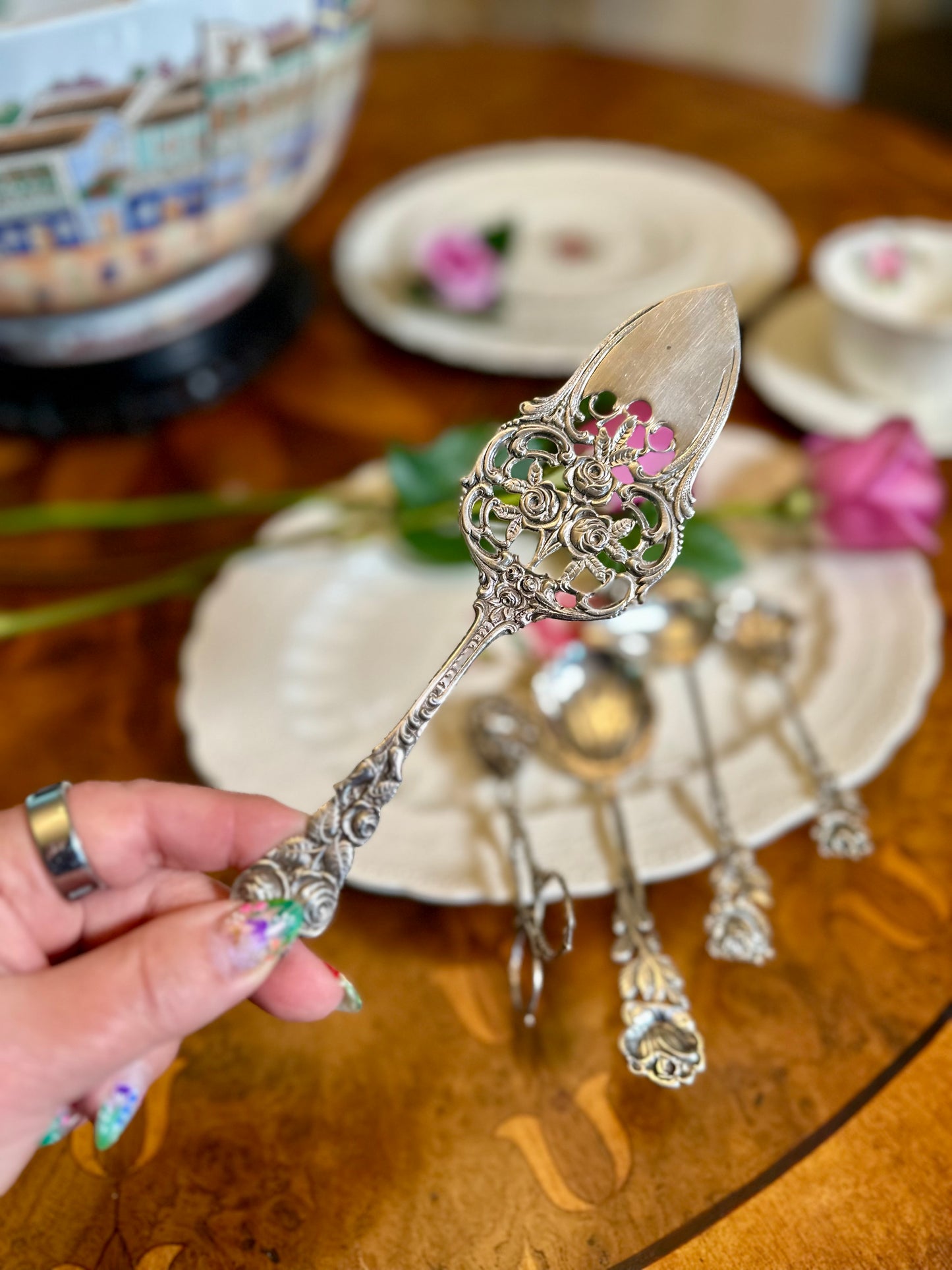 Antique German 800 Silver Rose-Handled Pastry Server, Hallmarked Early 20th Century