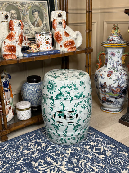 Chinoiserie 18” Green & White Porcelain Garden Stool – Pierced Drum Form with Floral Scrollwork