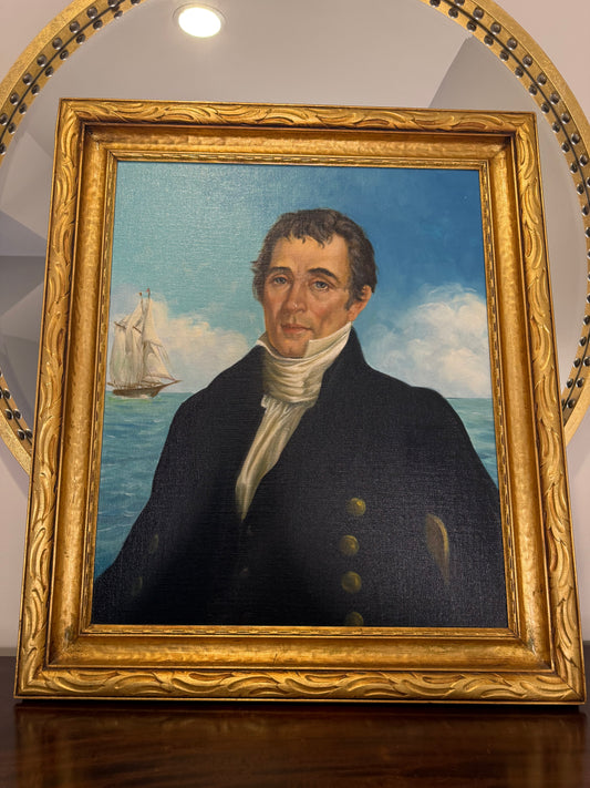 Striking Early Maritime Gentleman Portrait Oil on Board in a Period Gilt Wood Frame