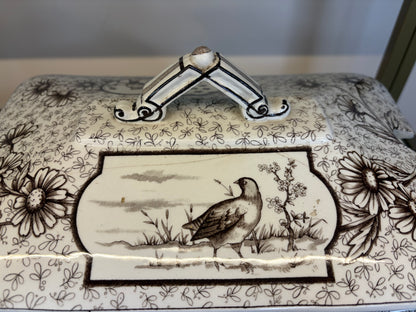Stunning antique Ridgways brown transferware lidded tureen featuring birds! As is!
