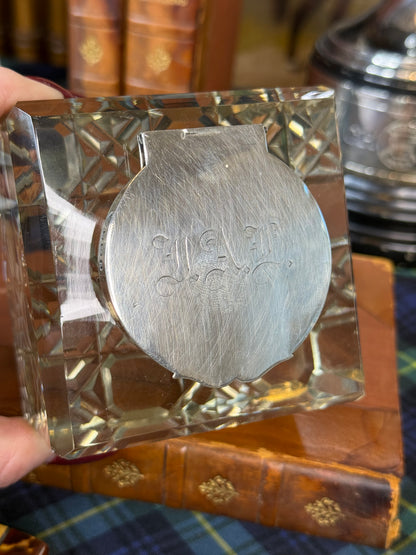 Antique Monogrammed Haseler Brothers Sterling Silver & Cut Crystal Inkwell | Birmingham 1906 | Edwardian | DA4580