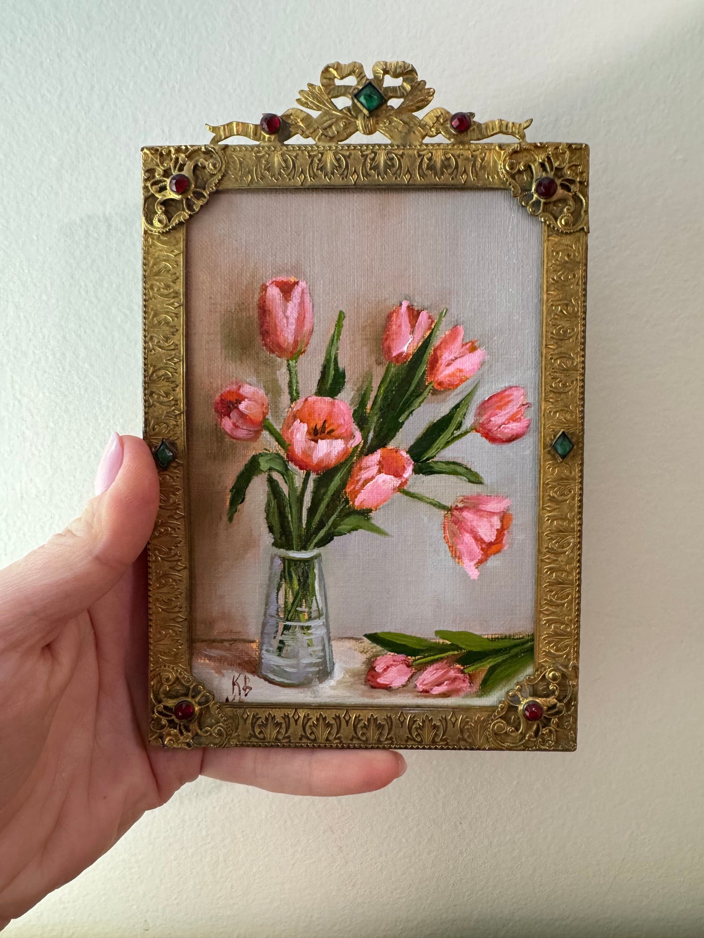 Pink tulips in antique jewel frame