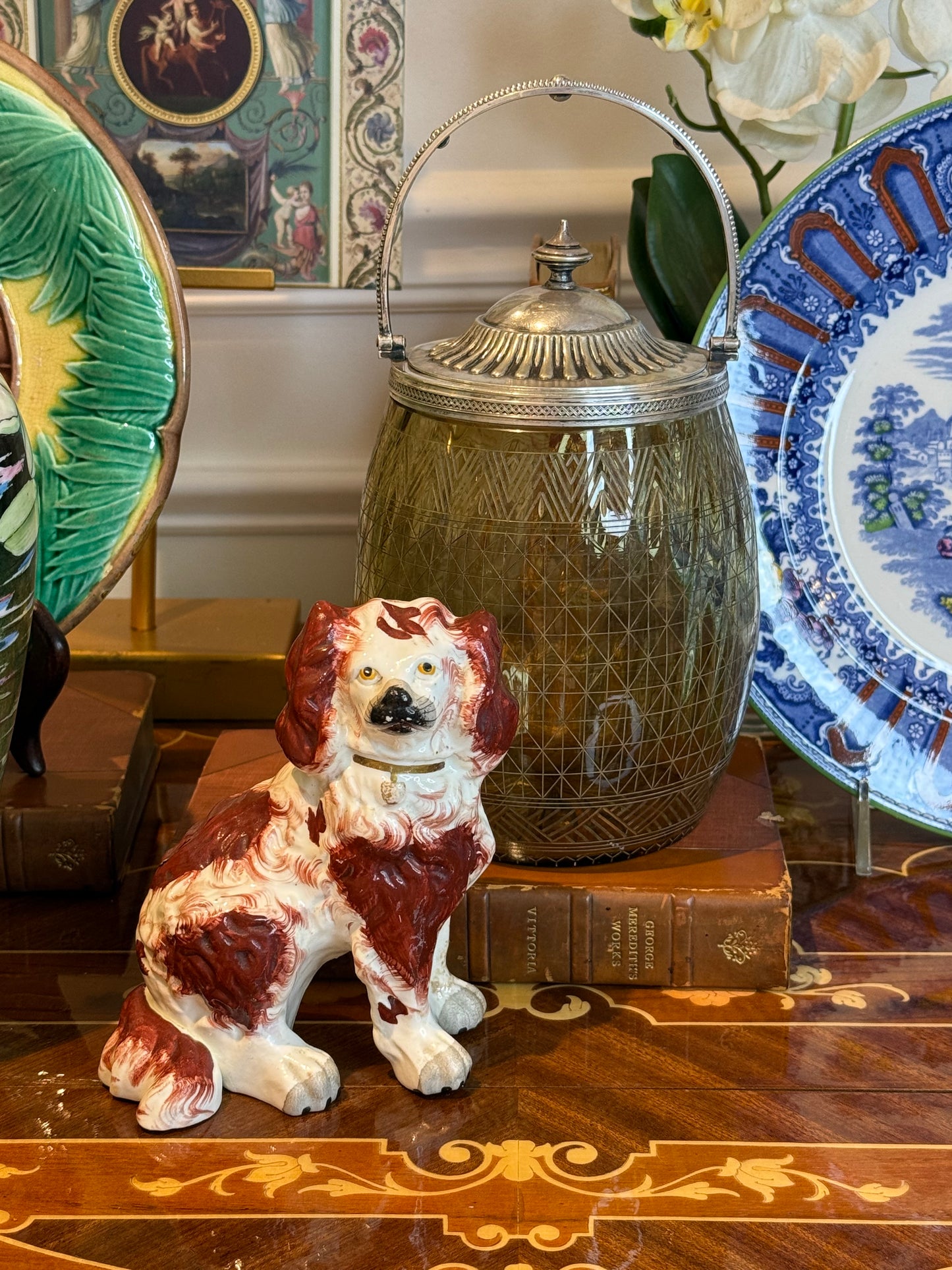 Antique Staffordshire Spaniel Figure c.1880–1900 Red & White Pottery Dog 5.5” Tall