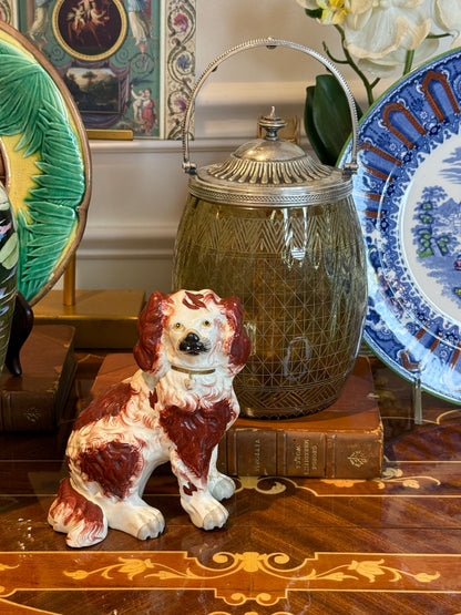 Antique Staffordshire Spaniel Figure c.1880–1900 Red & White Pottery Dog 5.5” Tall