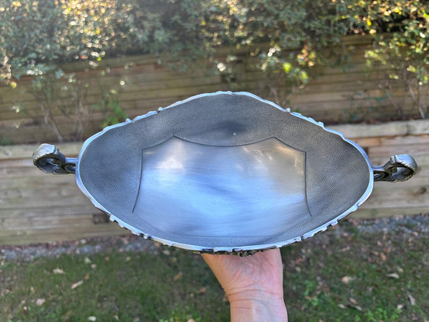 Beautiful ornate floral compote pedestal oval bowl with handles!