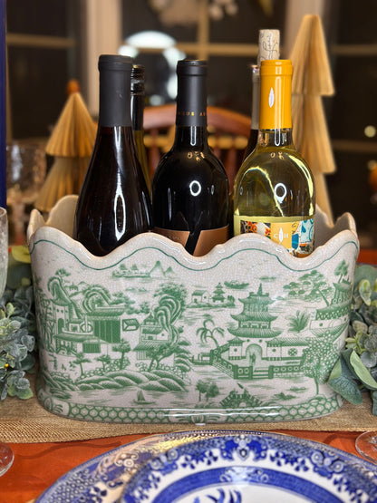 Danny's Fine Porcelain - Green & White Porcelain Pagoda Scalloped Basin, 12x8x7 - Pristine!