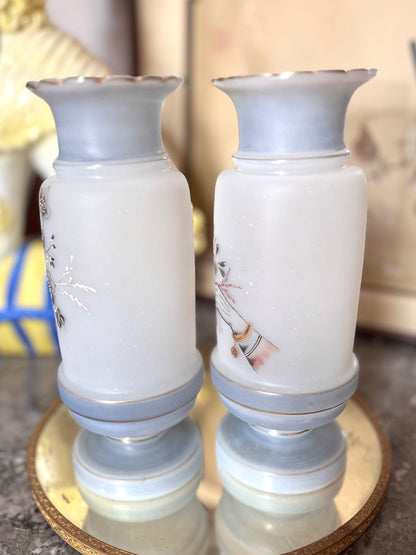 Unique Pair Of Hand Painted Bristol Glass Vases With Left/Right Hands And Flowers 9”