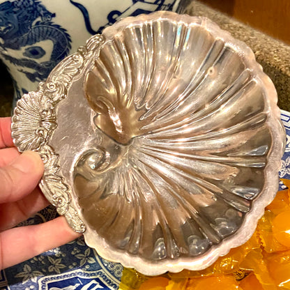 Chic vintage silver plate Hollywood regency clam shell footed candy or trinket dish .