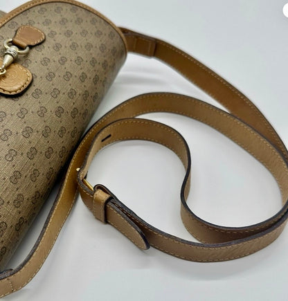 Vintage Gucci Horsebit GG Monogram beige & Brown Leather Trim Crossbody Handbag