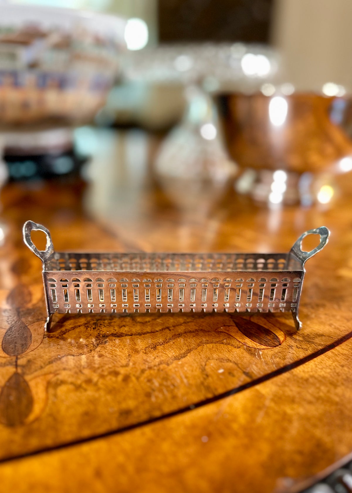 Vintage Sheffield Nickel Silver Sugar Cube Holder | Pierced Geometric Serving Tray