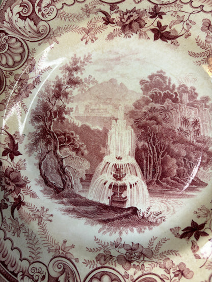Stunning antique 1840s English transferware plate in the "Fountain" pattern by Enoch Wood & Sons!