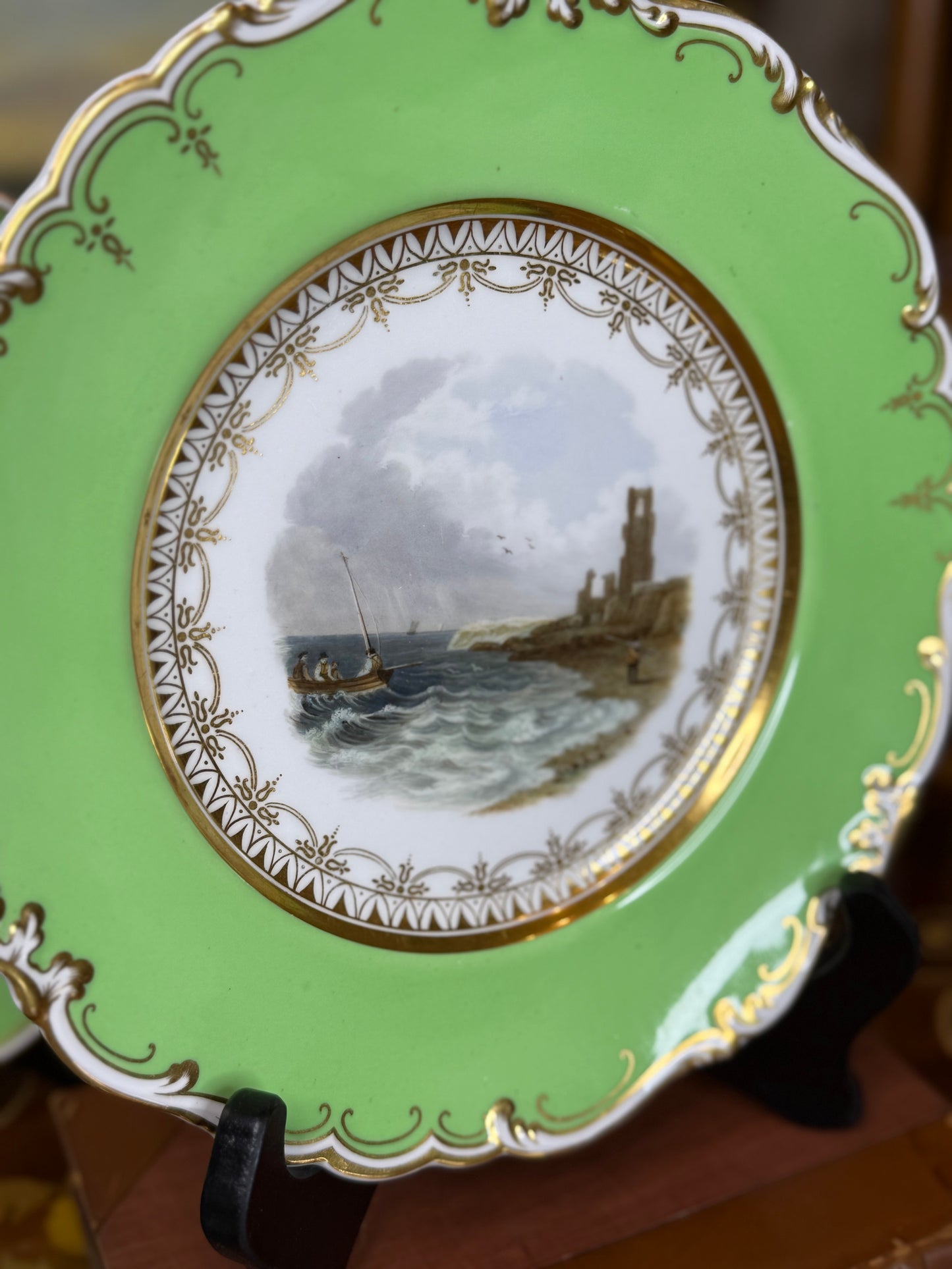 Pair of Ridgway Seascape Plates, c. 1870 | Green-Ground with Gilt, 9” Diameter