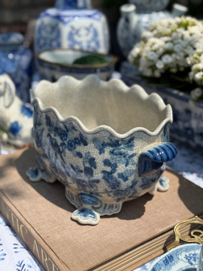 Danny's Fine Porcelain - SCALLOP EDGE PORCELAIN OVAL BASIN -BLUE BIRDS, 12L X 8W X 7H