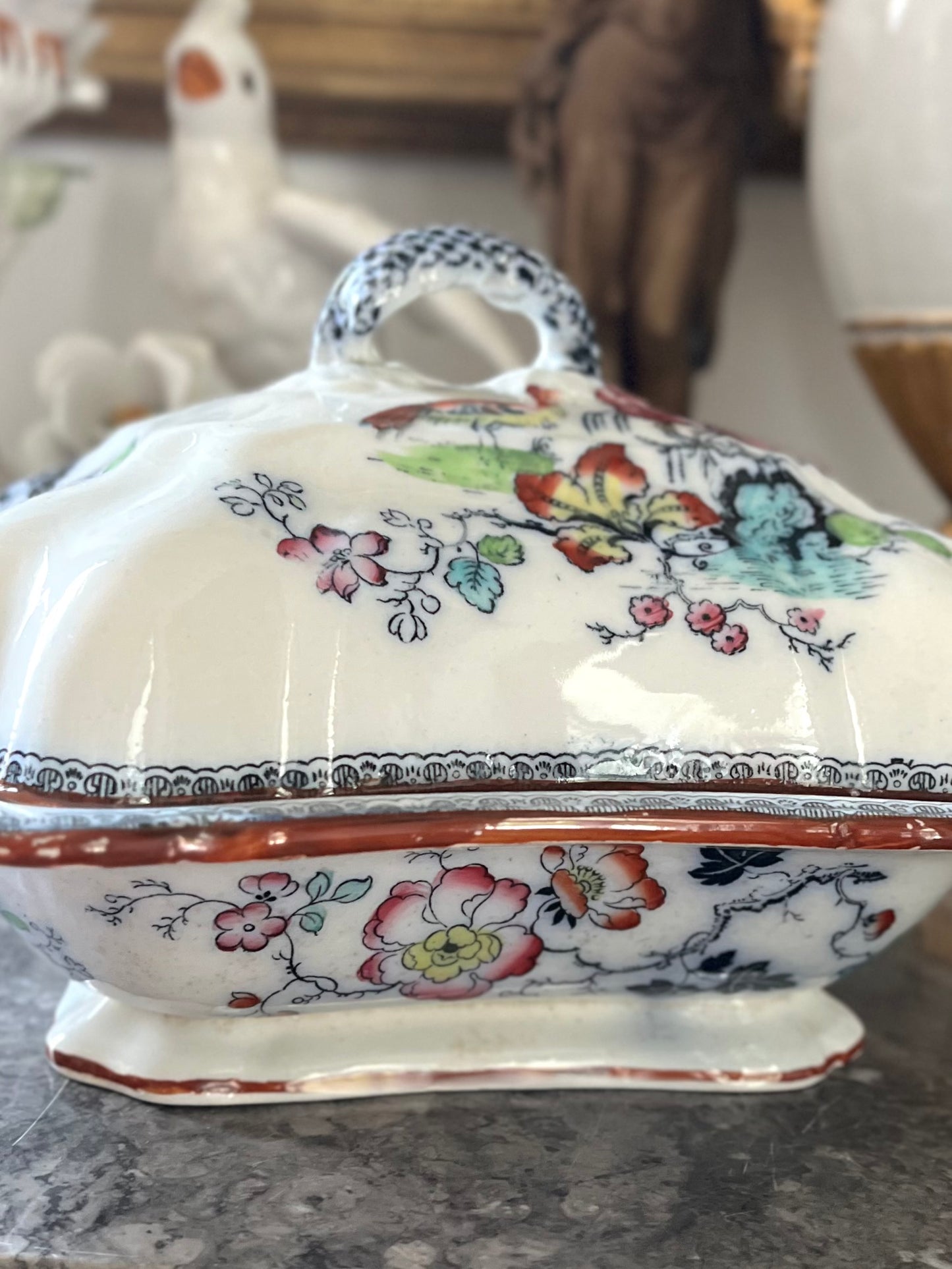 Live 07/28 Stunning Early Ashworth Bros Lidded Vegetable Dish - Footed With Florals/Birds/Contrasting Handles And Trim - Original Ribbon Mark 1860’s
