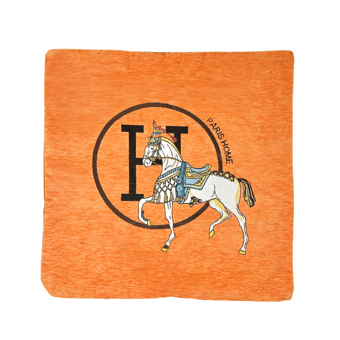 Luxury Equestrian “H” Square Horse Pillow W/Down Insert – Orange, 18x18”