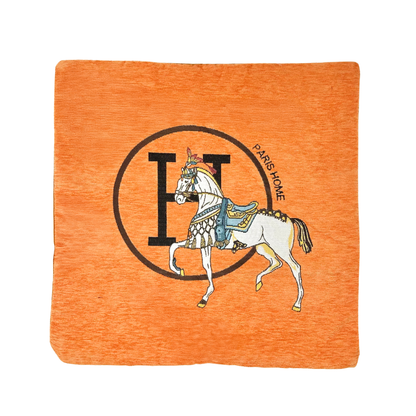 Luxury Equestrian “H” Square Horse Pillow W/Down Insert – Orange, 18x18”