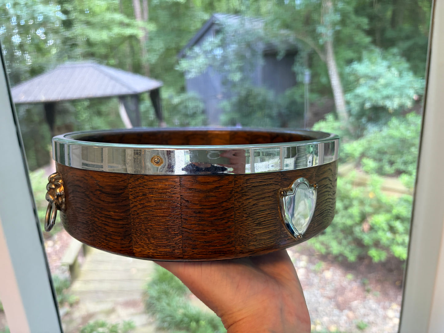 RESERVED - YVONNE - Stunning English oak bowl with shield and lion handles!