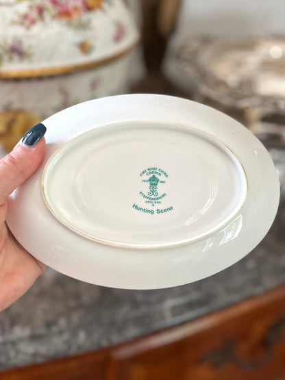 Live 08/04 Vintage Crown Staffordshire “Hunting Scene” Fine Bone China Gravy Boat with Underplate | England | Circa 1970s–1990s