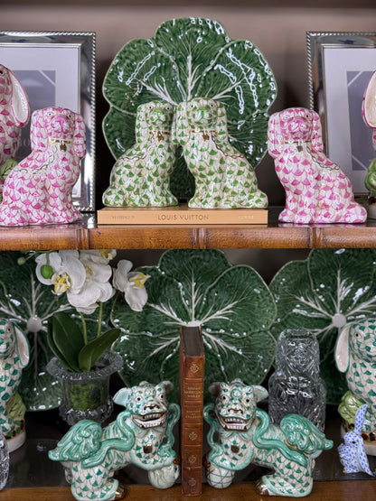 Danny’s Fine Porcelain | Fishnet Lime Green Spaniel Dog Figure Pair W/ Gold Accent (5.5”H X 9Lx2W)