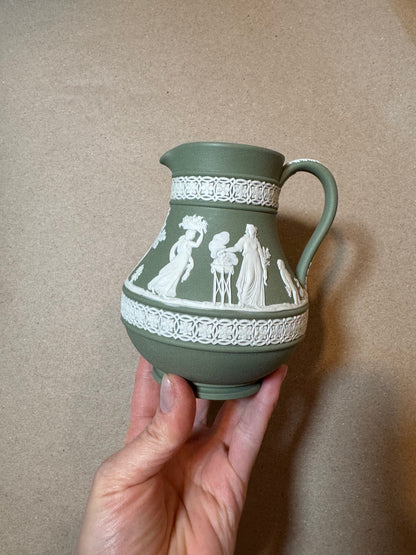 Live 06/15 sage green Wedgwood pitcher has repair