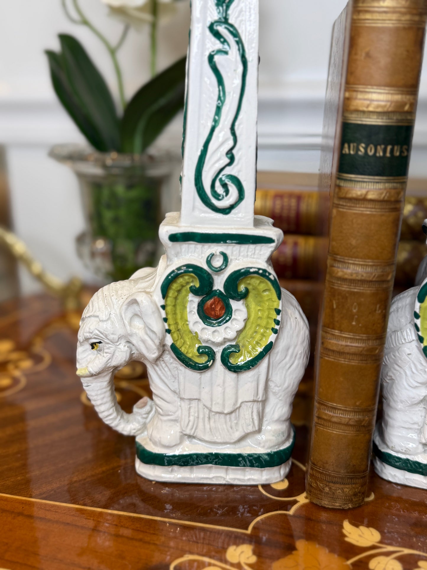 Vintage Italian Pottery Elephant Obelisk Bookends – Pair | 12.5” Tall