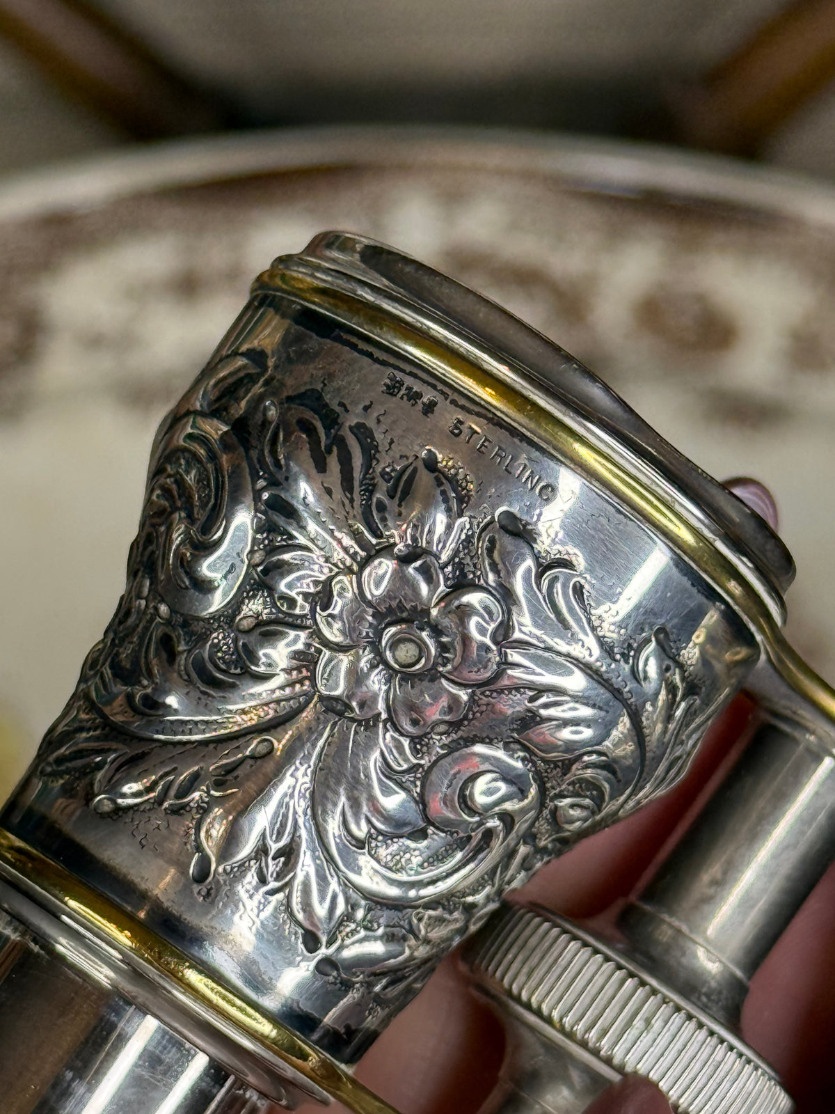 Antique Lemaire Paris French Sterling Silver Opera Glasses, Repoussé Floral & Gilt Theater Binoculars, c.1890–1910, 4” x 3”