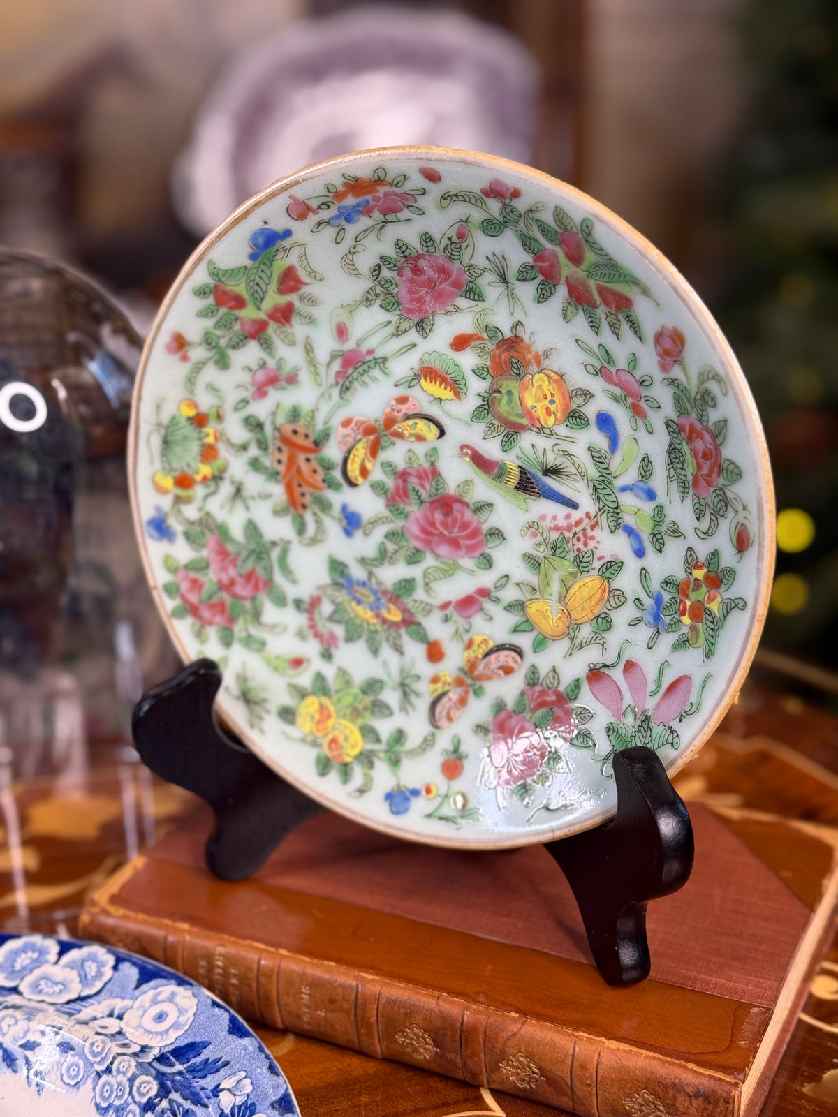 RESERVED - AMLEA- Antique Chinese Famille Rose Celadon Plate | Butterflies, Birds & Flowers | 7.25”