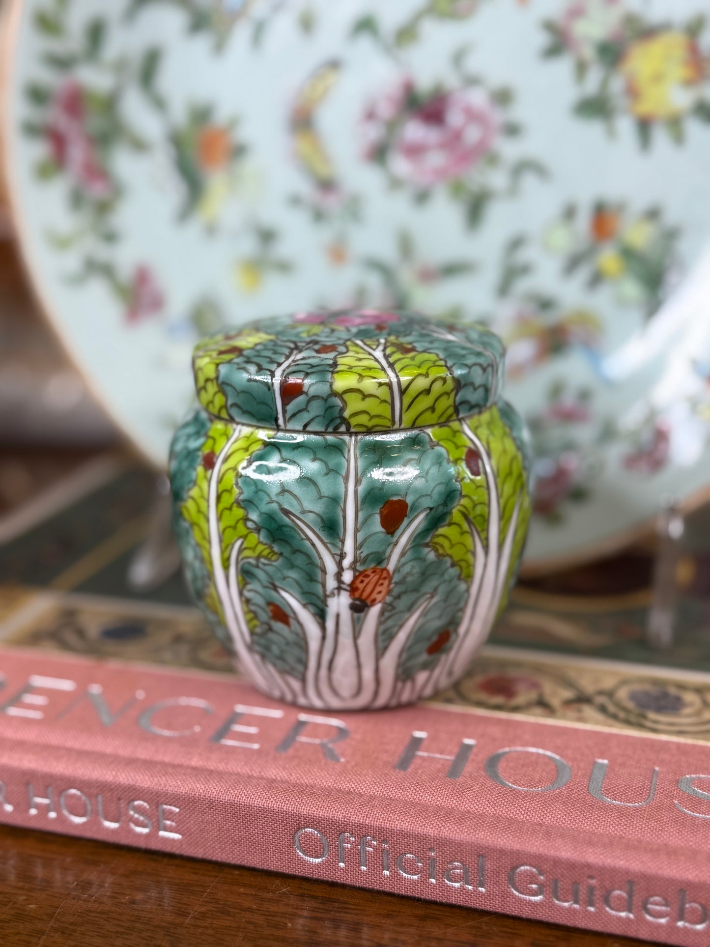 Vintage Chinese Bok Choy Porcelain Lidded Jar | Famille Verte Style | 3”