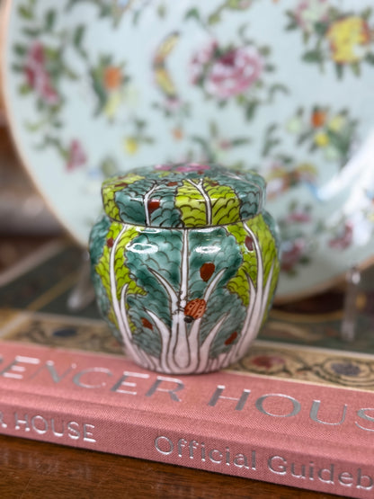 Vintage Chinese Bok Choy Porcelain Lidded Jar | Famille Verte Style | 3”