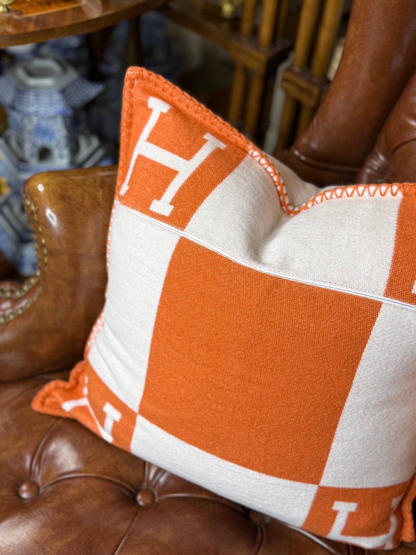 Luxury Equestrian “H” Square Pillow W/Down Insert – Orange, 18x18”