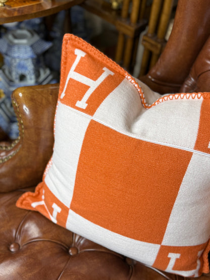 Luxury Equestrian “H” Square Pillow W/Down Insert – Orange, 18x18”