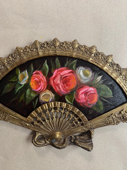 Bouquet of roses still life original oil painting in brass fan frame