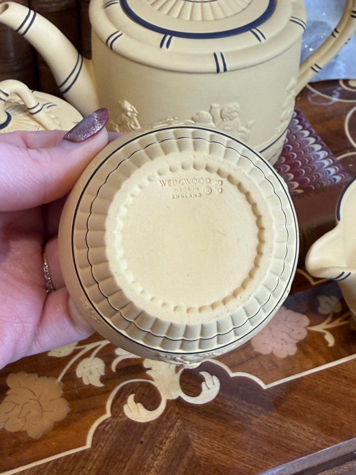 Vintage Wedgwood Black on Cane Jasperware 5-Piece Coffee Service | 3-Cup Coffee Pot, Covered & Open Sugars