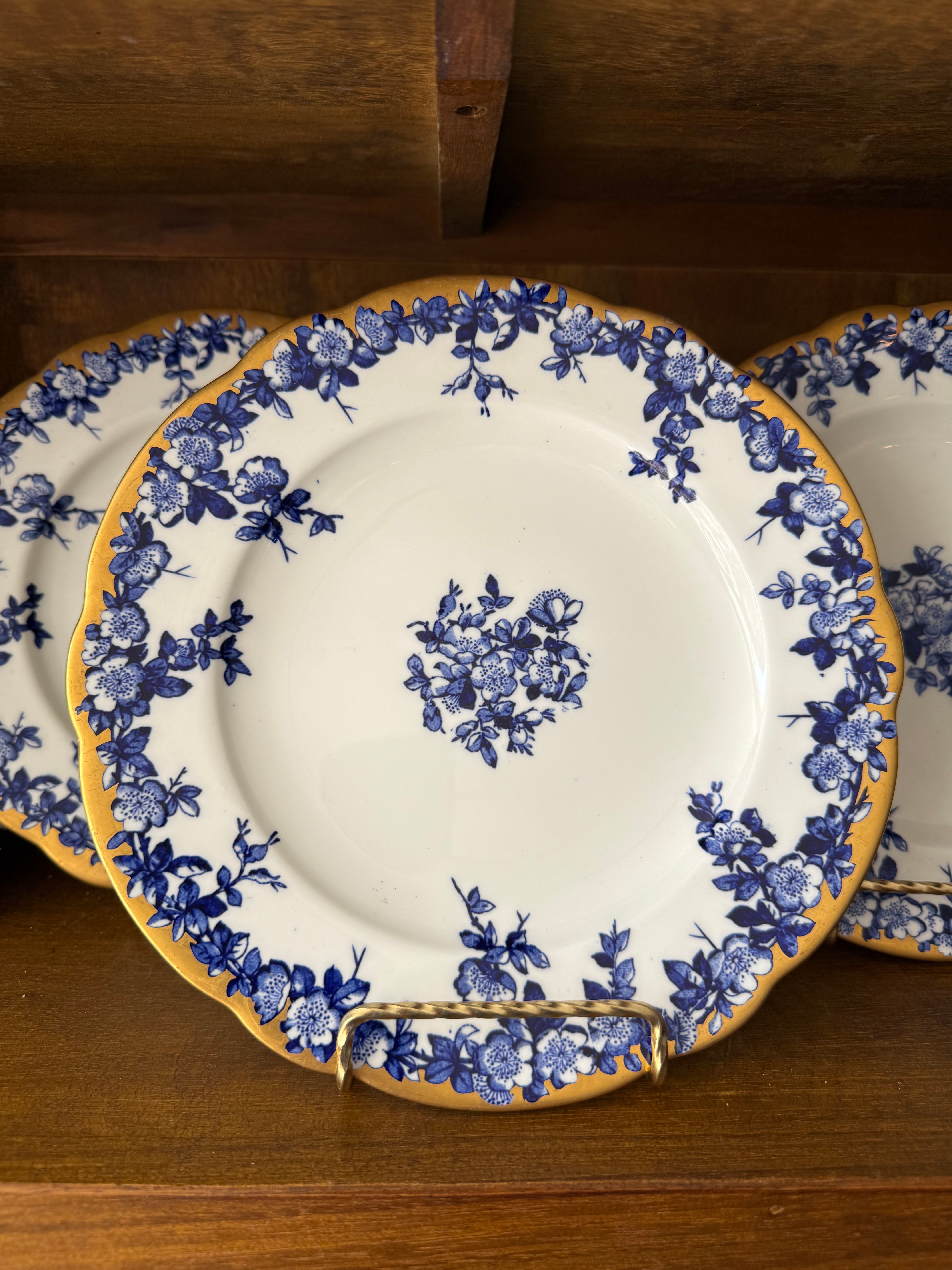 Set of 4 Vintage English Coalport Blue & White 9” Plates with Gold