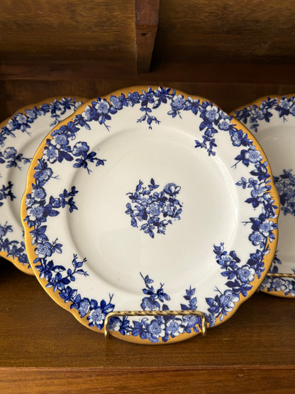 Set of 4 Vintage English Coalport Blue & White 9” Plates with Gold Gilt Border