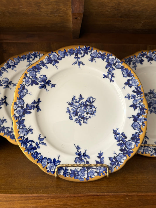 Set of 4 Vintage English Coalport Blue & White 9” Plates with Gold Gilt Border