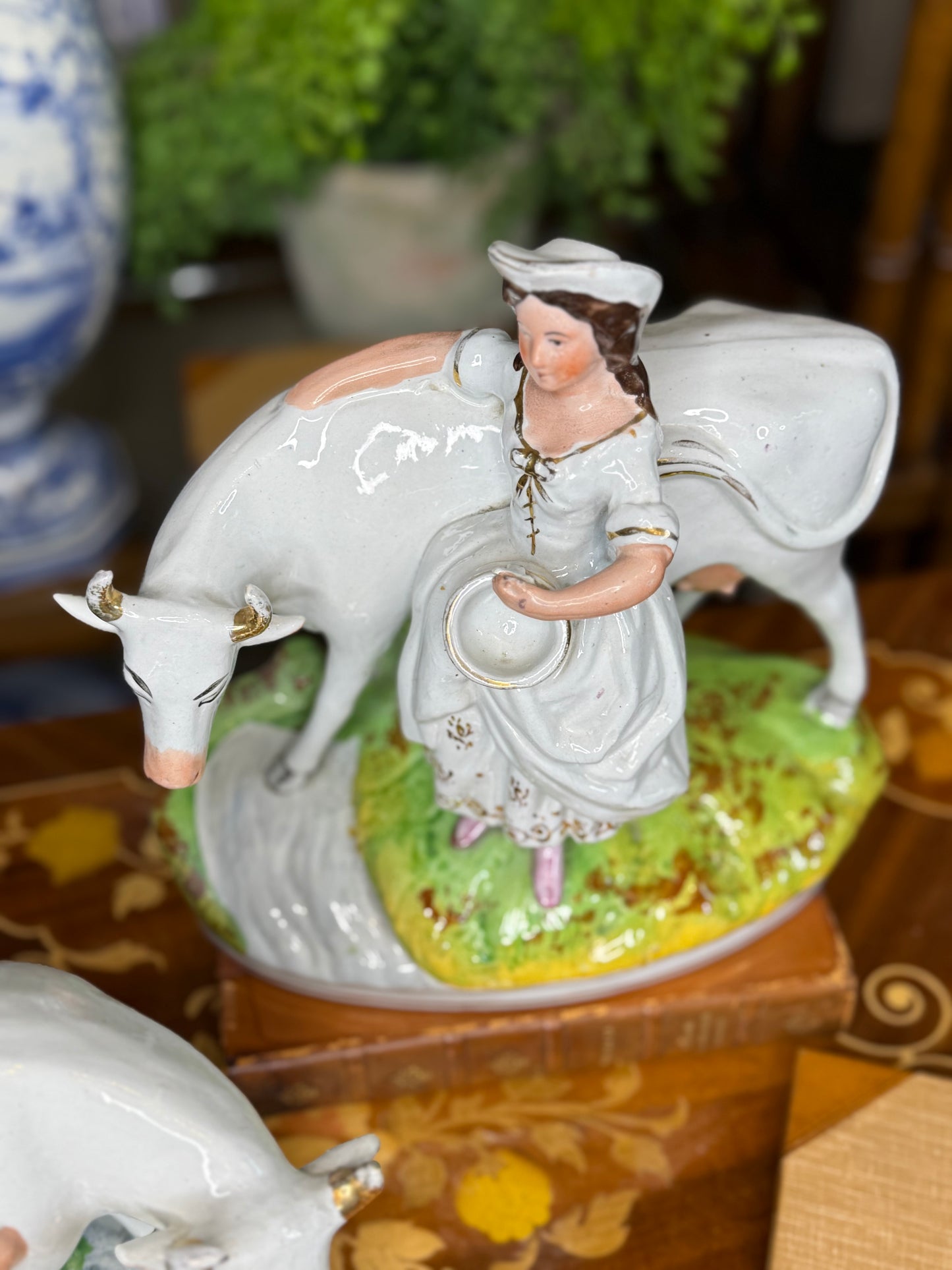 Antique Staffordshire Cow & Milkmaid Flatback Figures | Right & Left Pair | Victorian England | c.1860