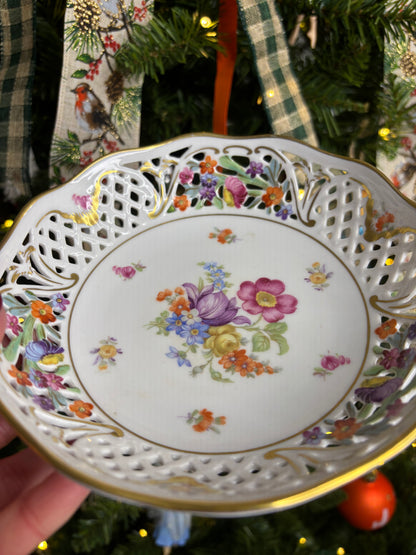 Beautiful Bavaria pierced scalloped bowl with florals and    gold!