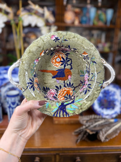 Spode “Tumbledown Dick” Chestnut Basket & Stand | Polychrome Chinoiserie | c.1820 | 9.5” D | #DA4592
