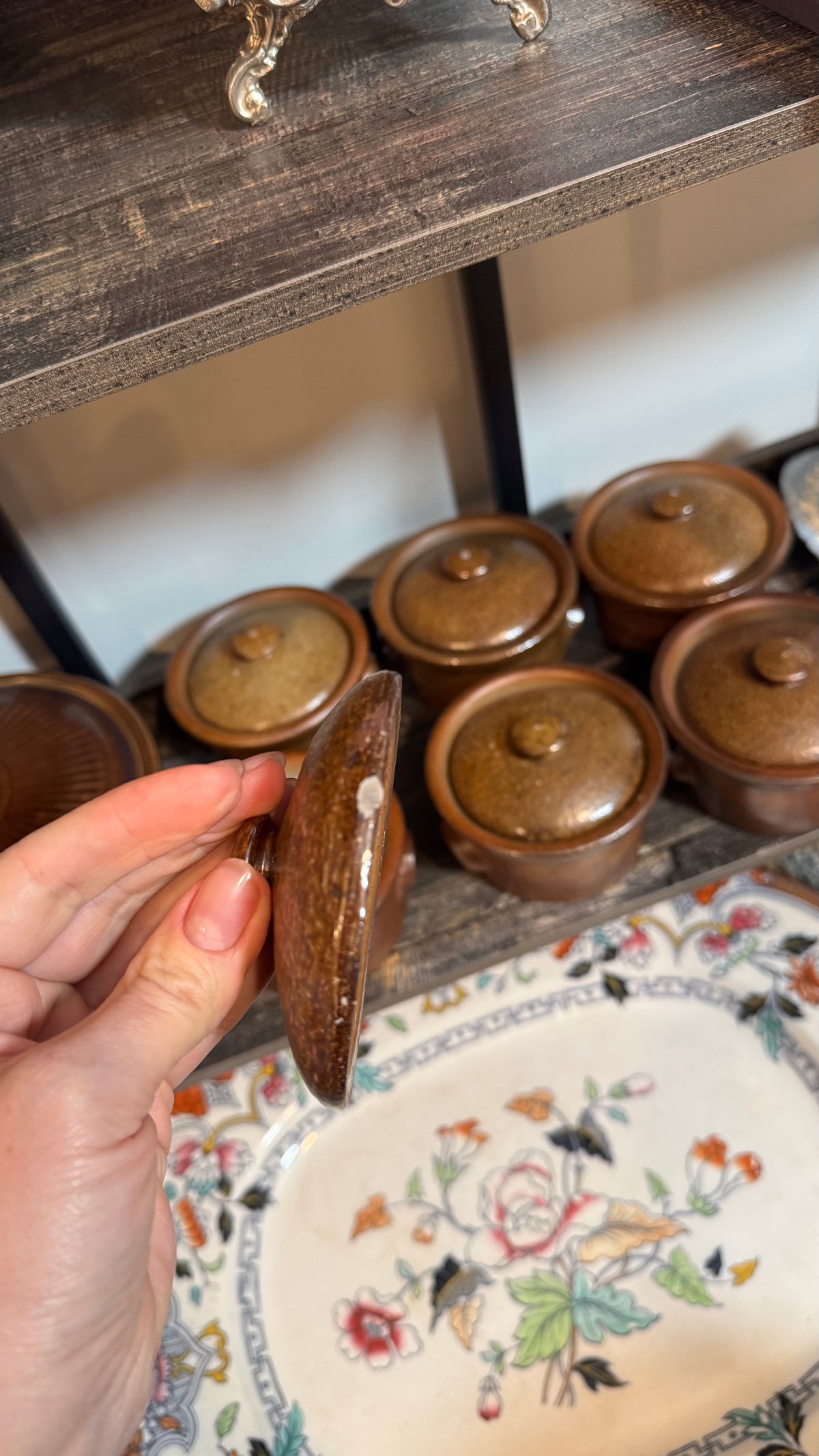 Vintage Brown Stoneware Covered Casserole with Six Individual Crocks