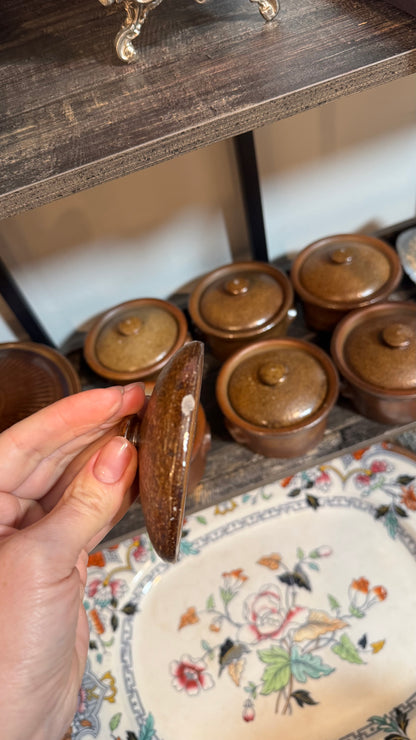 Vintage Brown Stoneware Covered Casserole with Six Individual Crocks
