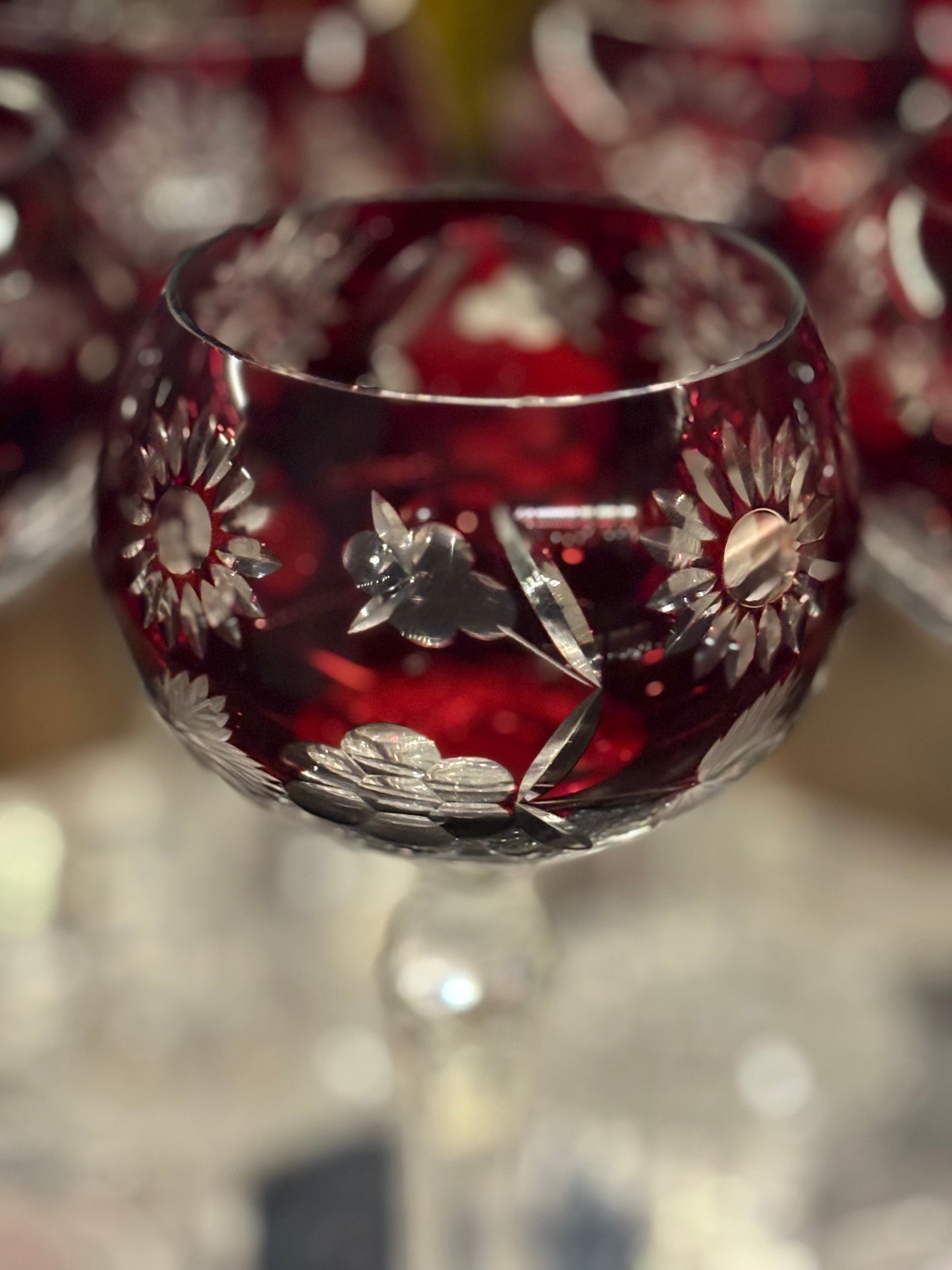 Set (6) Ruby cut to clear hock wine glasses