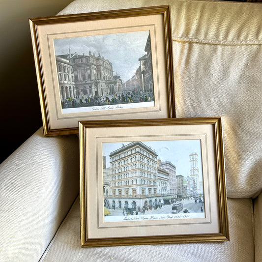 Rare Set of 2 custom color lithograph wall art Metropolitan Museums & Teatro La Scala Milan made in England